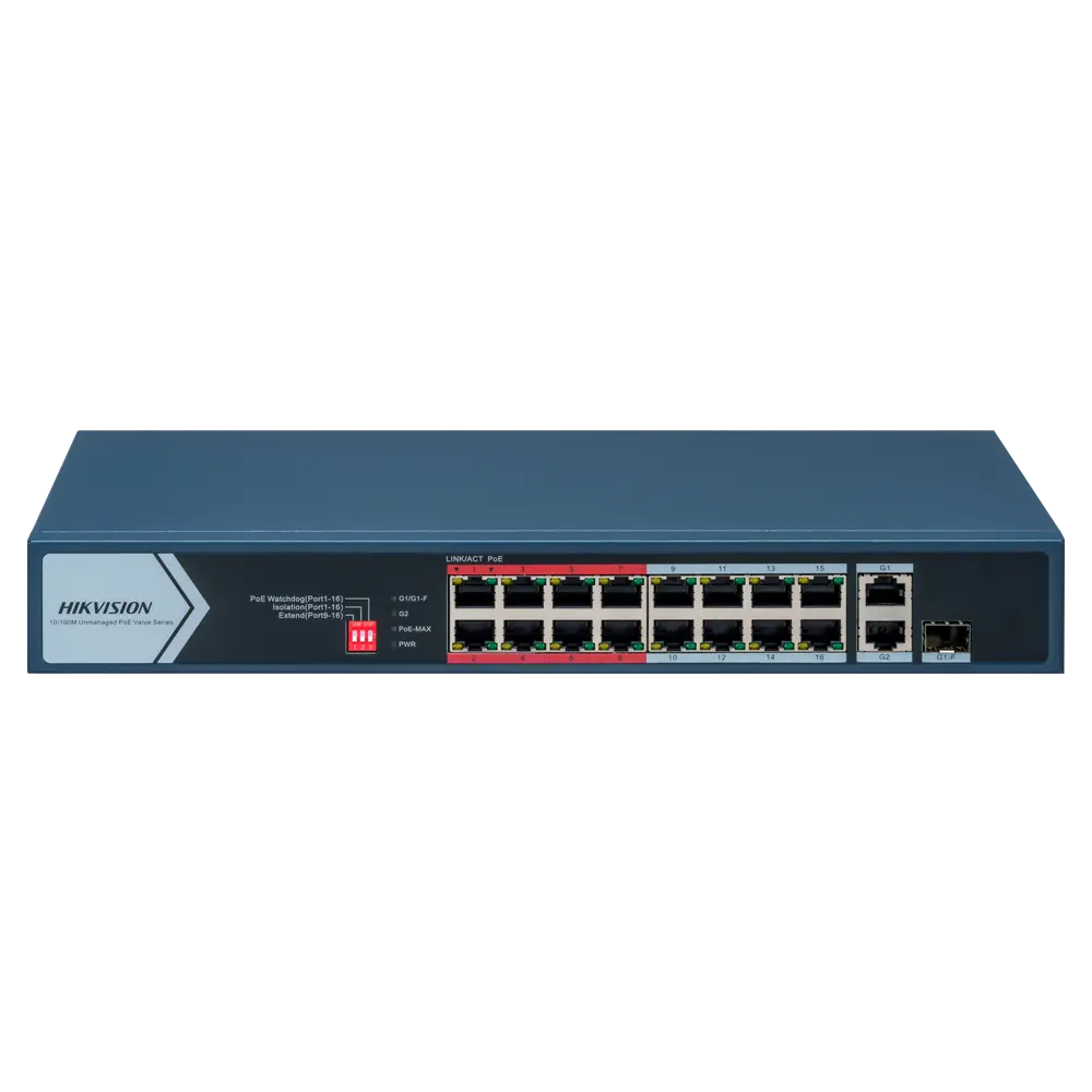 HIKVISION - Switch PoE Hikvision - 16 puertos RJ45 FE + 2 puertos Gigabit RJ45/SFP - 16 Puertos PoE+ (DS-3E0318P-E/M(C))