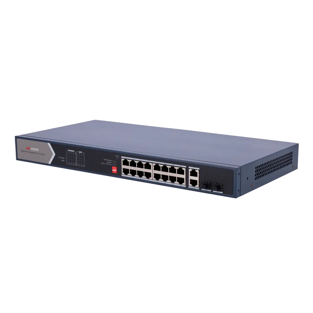 HIKVISION - Switch PoE Hikvision - 18 puertos RJ45 Gigabit + 2 puertos Gigabit SFP - 12 Puertos PoE+ (DS-3E0520HP-E)