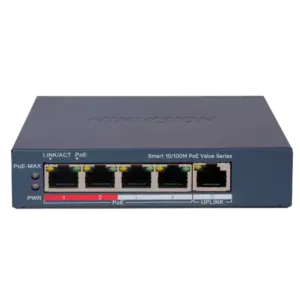 HIKVISION - Hikvision Switch PoE Gestionable - 4 Puertos PoE 802.3af/at + 1 Uplink - Velocidad 10/100 (DS-3E1105P-EI/MV2)