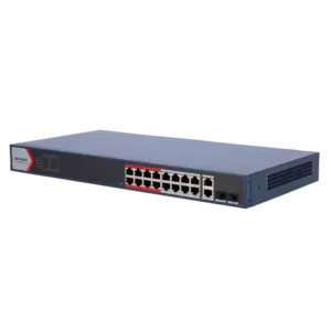 HIKVISION - Hikvision Switch PoE Gestionable - 16 Puertos PoE 802.3af/at + 2 Combos Gigabit - Velocidad (DS-3E1318P-EI(B))