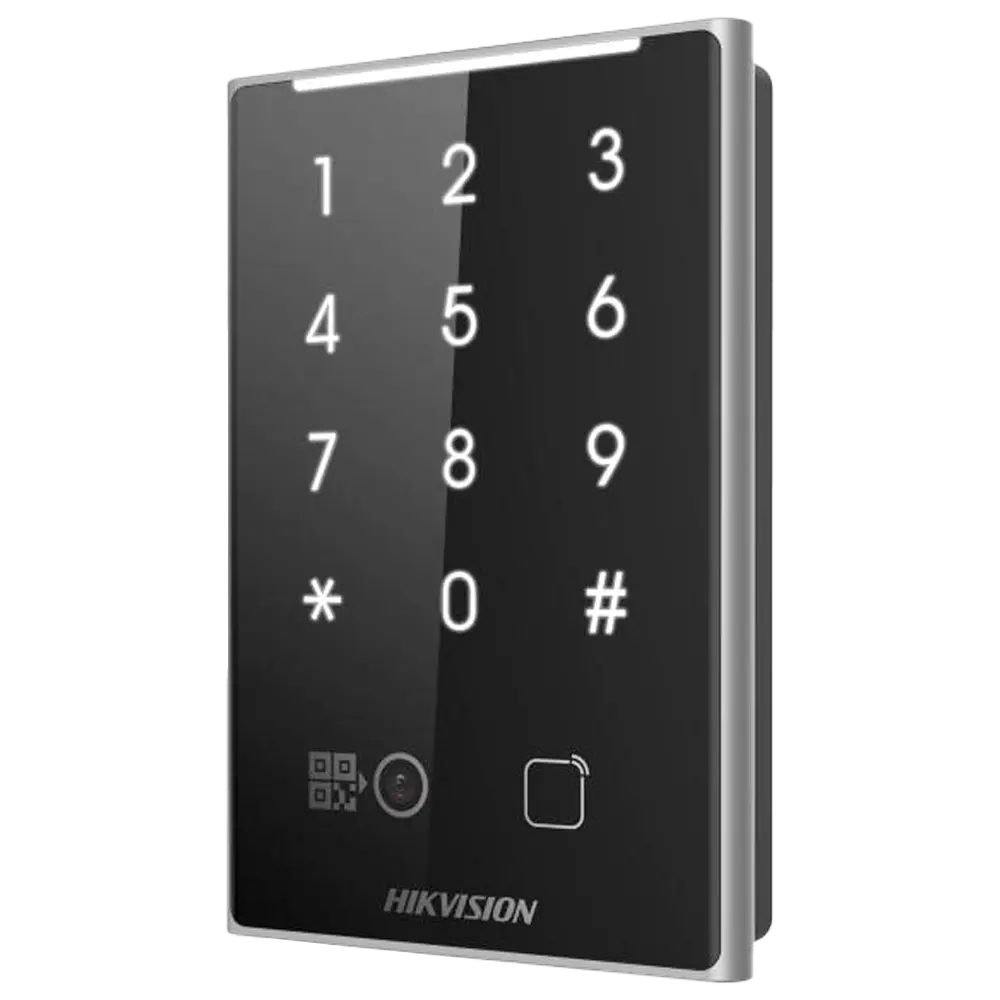 HIKVISION - Lector de acceso - Acceso por tarjeta MF DESFire, QR y PIN - Indicador LED y acústico - (DS-K1109DKB-QR)