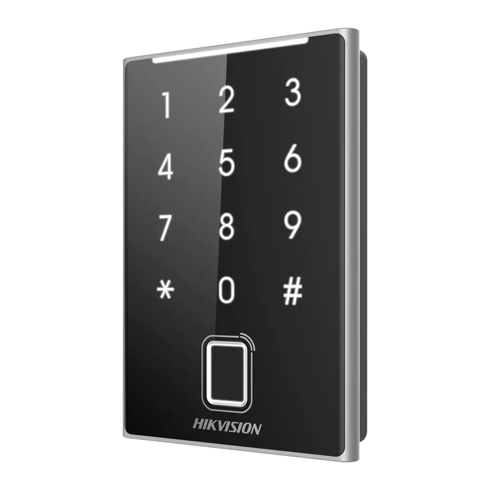 HIKVISION - Lector de acceso - Acceso por huella, tarjeta MF DESFire y PIN - Indicador LED y acústico - (DS-K1109DKFB)