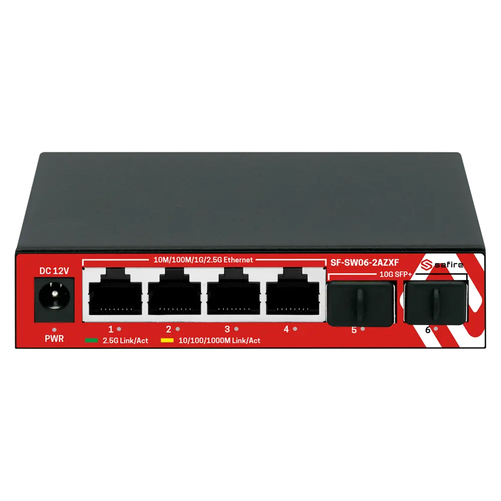 SAFIRE - Switch Multigagibit 2,5Gbps - 4 puertos + 2 Uplink SFP 10G - Velocidad de puertos (SF-SW06-2AZXF)