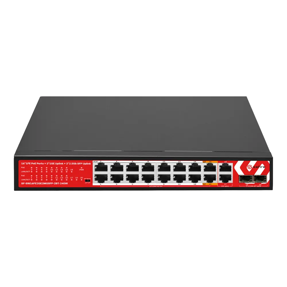 SAFIRE - Safire Switch Hi-PoE - 16 puertos FE PoE + 2 RJ45 uplink + 2x2.5GE SFP - Velocidad de (SF-SW16FE2GE2MGSFP-2BT-240