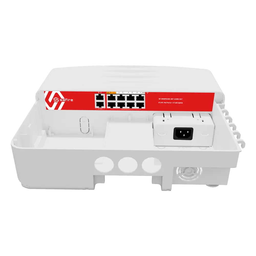 SAFIRE - Safire Switch Hi-PoE Outdoor - 8 puertos FE PoE + 2 Uplink RJ45 - Hibrido 8x10/100Mbps + (SF-SW8FE2GE-2BT-120W-OU