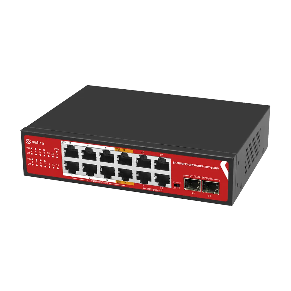 SAFIRE - Safire Switch Hi-PoE - 8 puertos FE PoE + 4 puertos RJ45 + 2x2.5GE SFP - 8x10/100Mbps + (SF-SW8FE4GE2MGSFP-2BT-1