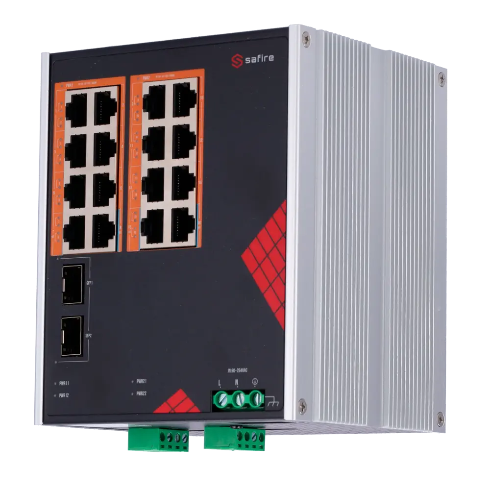SAFIRE - Safire Switch Industrial Alimentación AC y DC - 16 puertos Gigabit + 2 SFP Gigabit - 12 (SF-SWI1816HIPOE-GF-AC-26