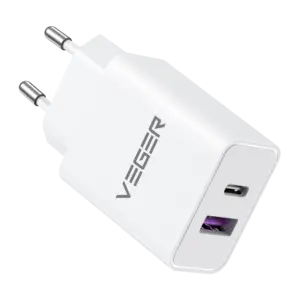 VEGER - VEGER - Cargador USB - Potencia 65W |  Con tecnología GaN - Carga rápida 2 dispositivos a (VG-65W1A1C)
