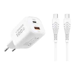 VEGER - VEGER - Cargador de pared - Carga rápida 100W |  Con tecnología GaN - Salidas USB-C, USB-A (VG-TR150-Kit-100W1A1C)